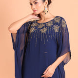 Blue Georgette Embroidered Kaftan Dress - Anvi Couture