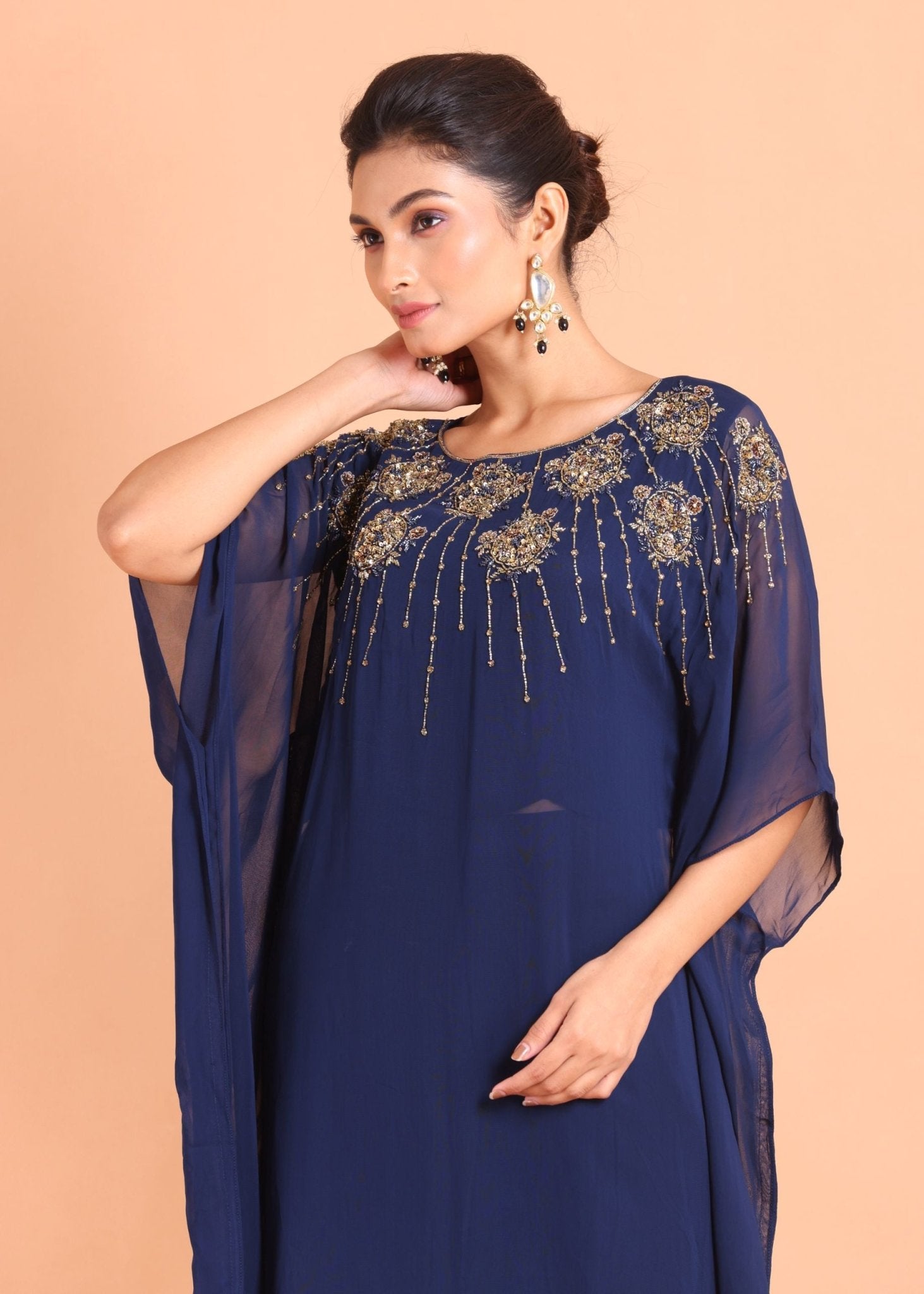 Blue Georgette Embroidered Kaftan Dress - Anvi Couture