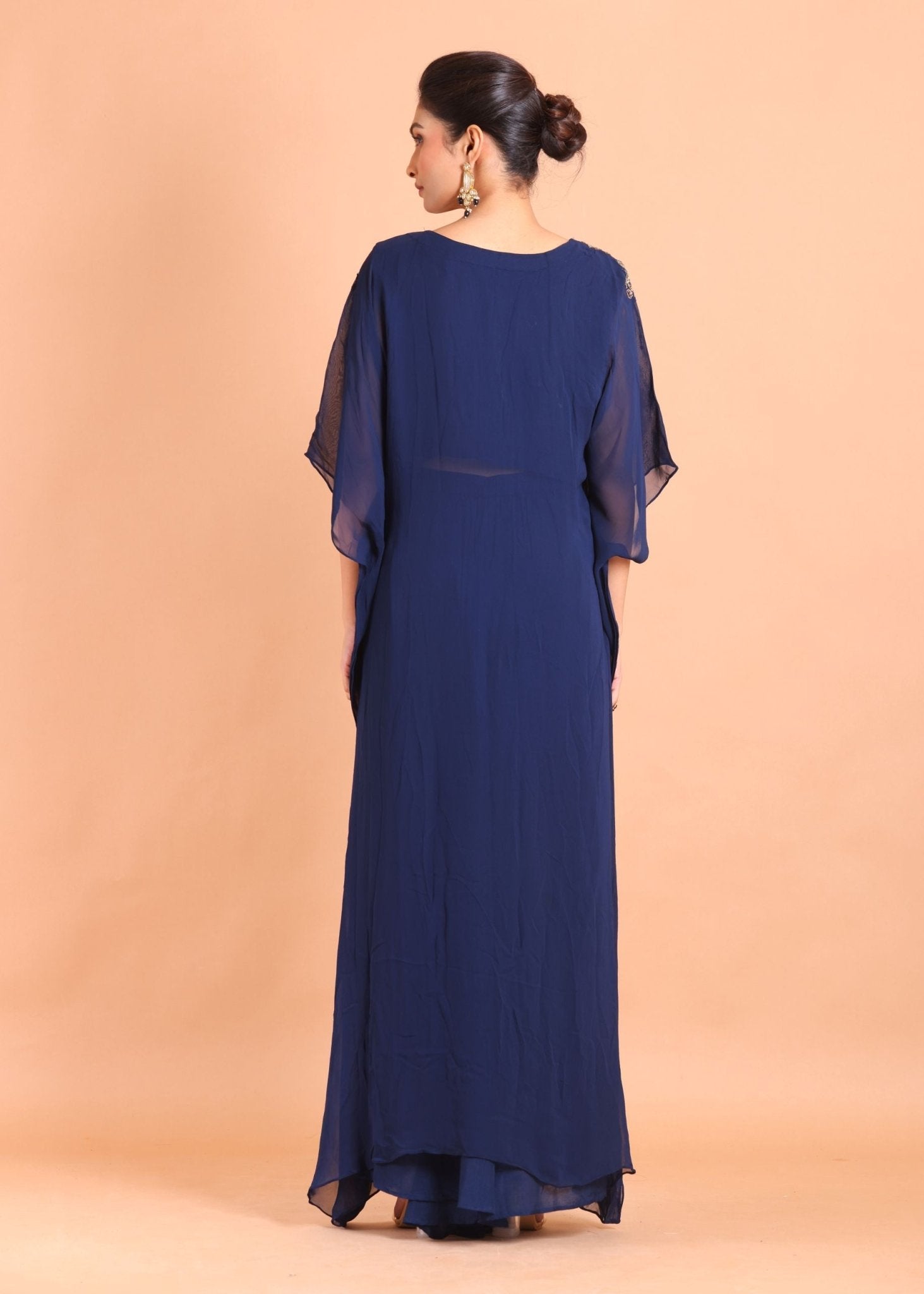 Blue Georgette Embroidered Kaftan Dress - Anvi Couture