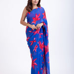 Blue Georgette Saree With Red Floral Print Saree Full

