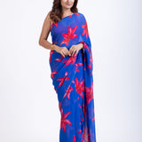 Blue Georgette Saree With Red Floral Print Saree Full

