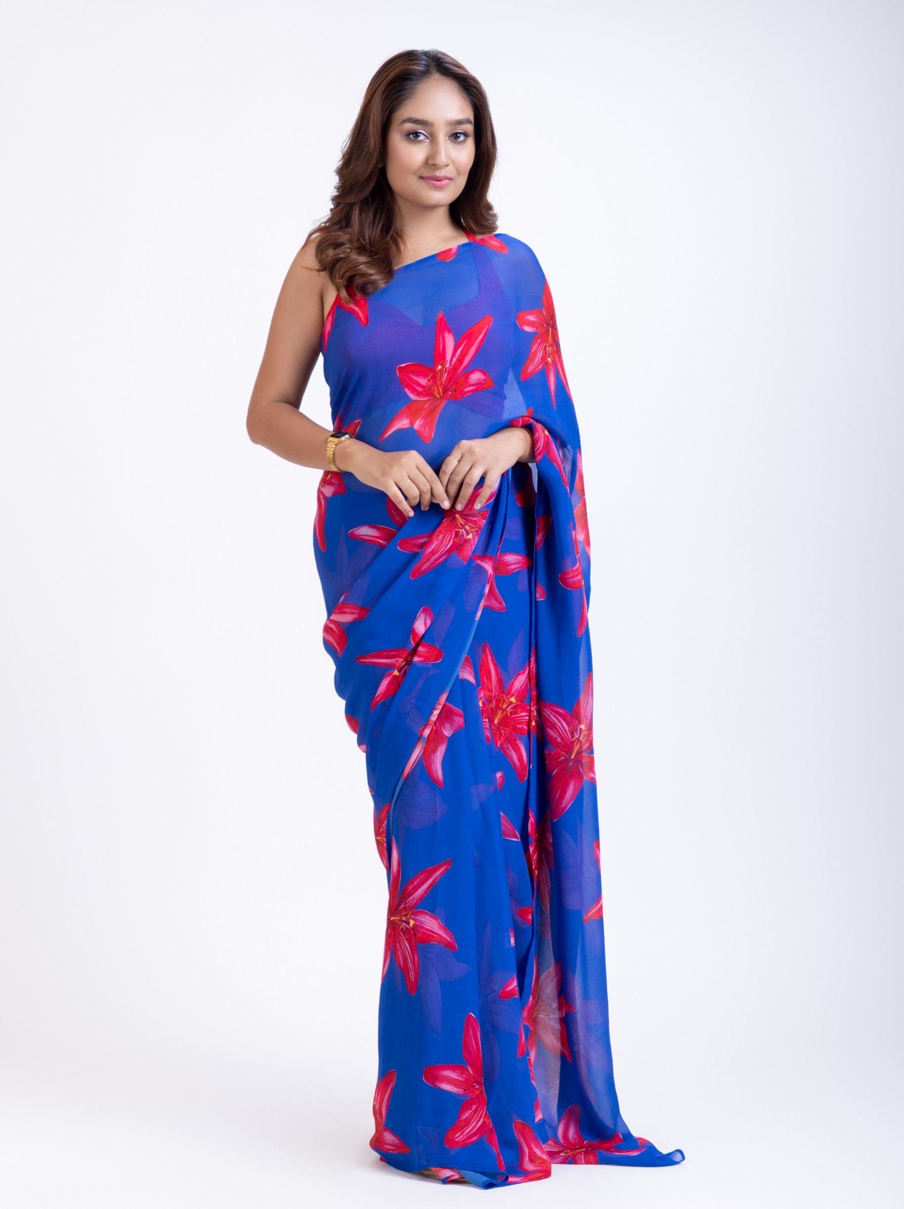 Blue Georgette Saree With Red Floral Print Saree Full

