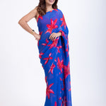 Blue Georgette Saree With Red Floral Print Saree Front

