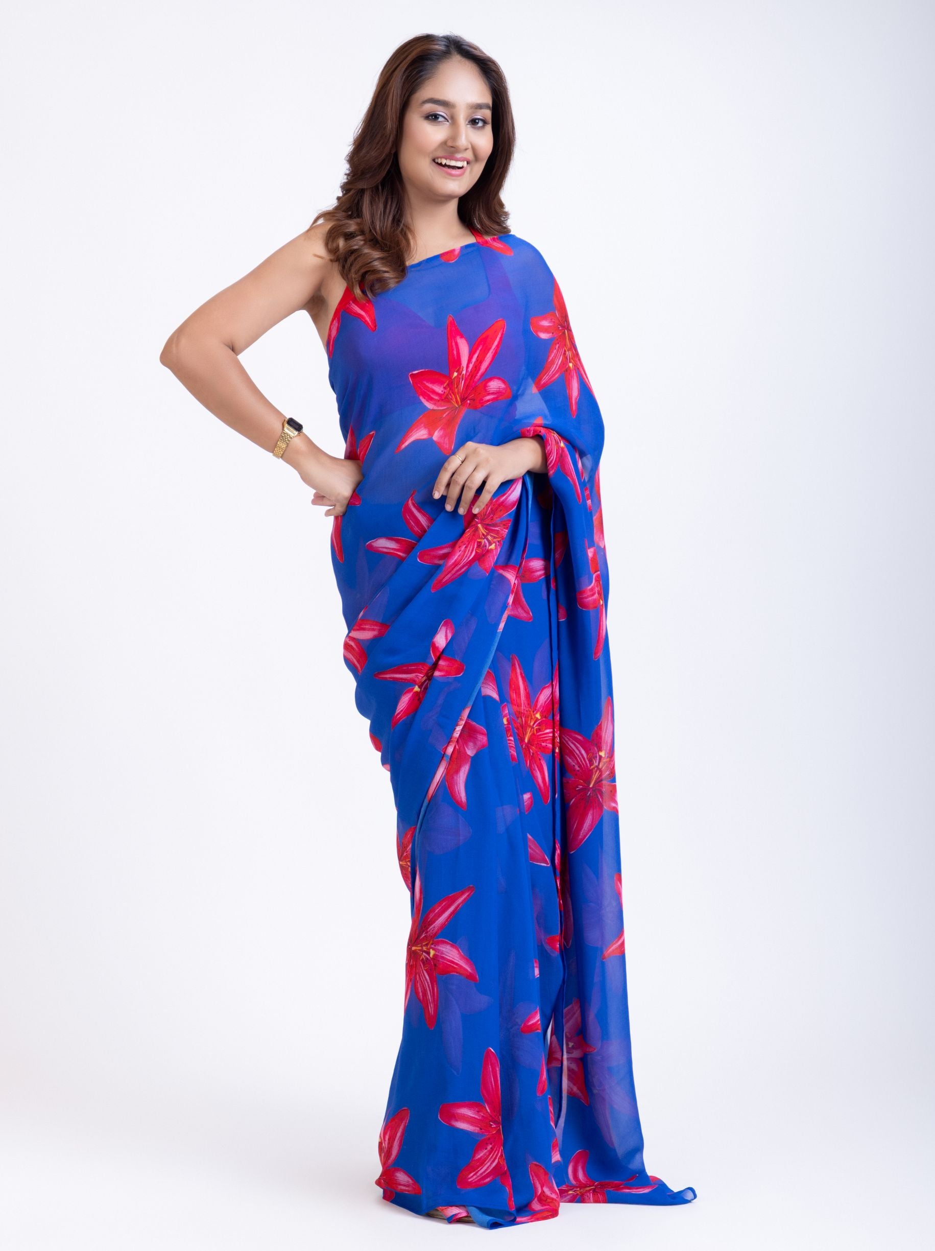 Blue Georgette Saree With Red Floral Print Saree Front

