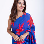 Blue Georgette Saree With Red Floral Print Saree Close Up

