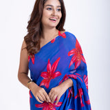 Blue Georgette Saree With Red Floral Print Saree Close Up


