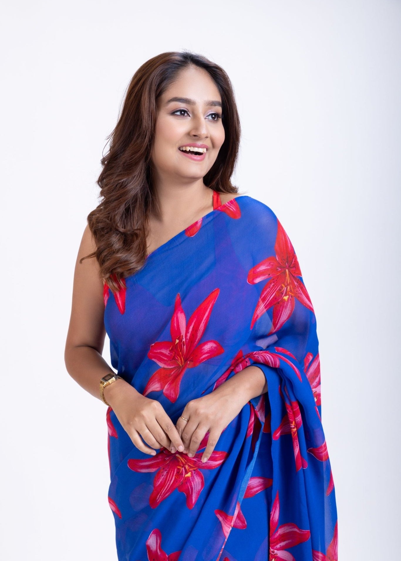 Blue Georgette Saree With Red Floral Print Saree - Anvi Couture