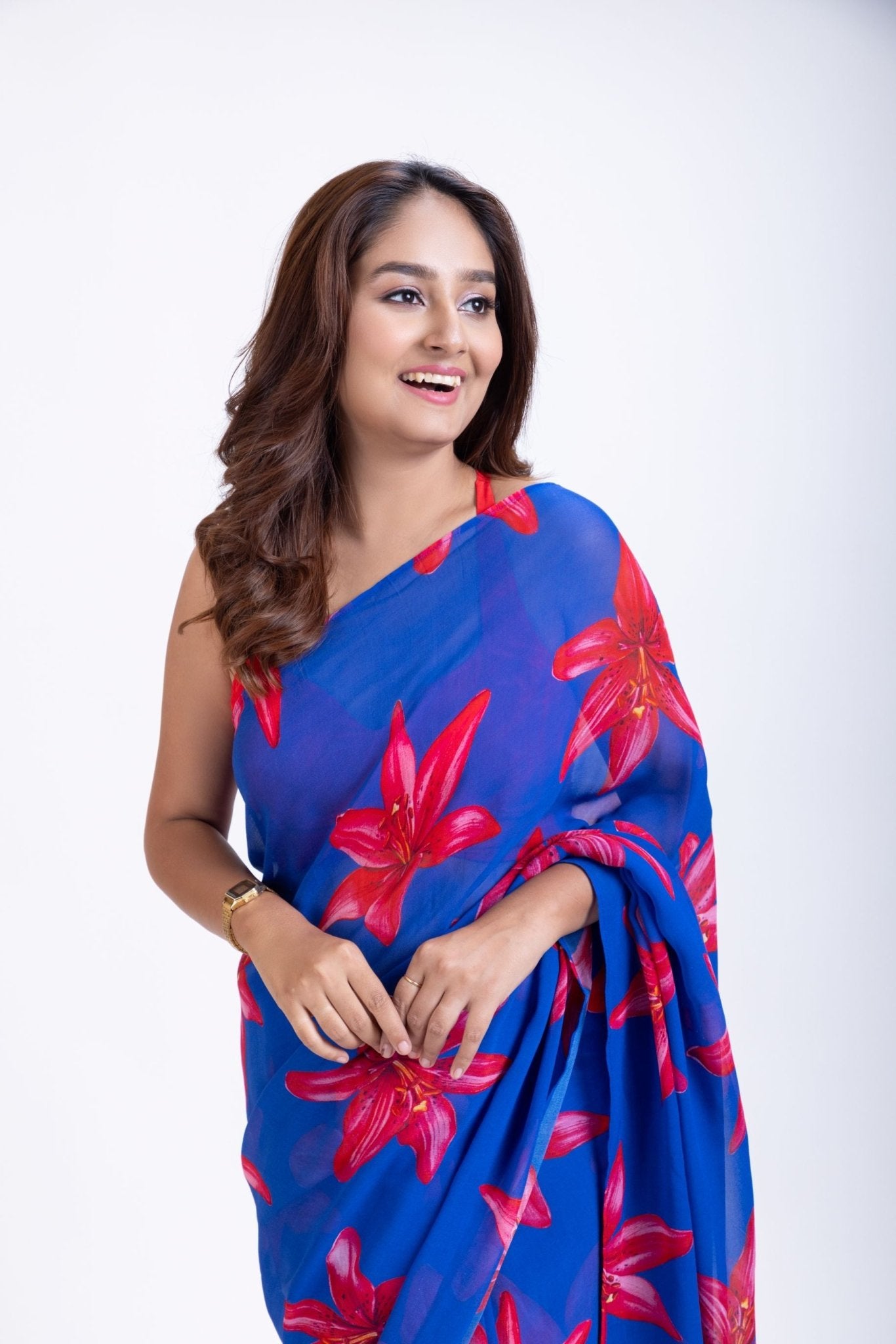 Blue Georgette Saree With Red Floral Print Saree - Anvi Couture