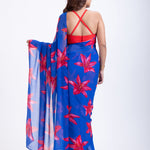 Blue Georgette Saree With Red Floral Print Saree Back

