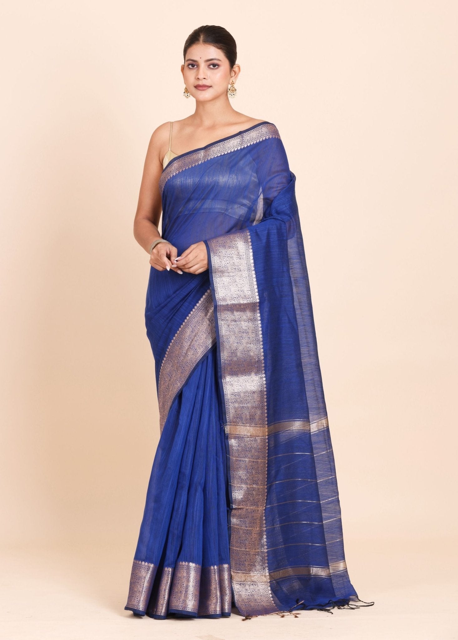 Blue Gicha Silk Saree with Mat Gold Border - Anvi Couture