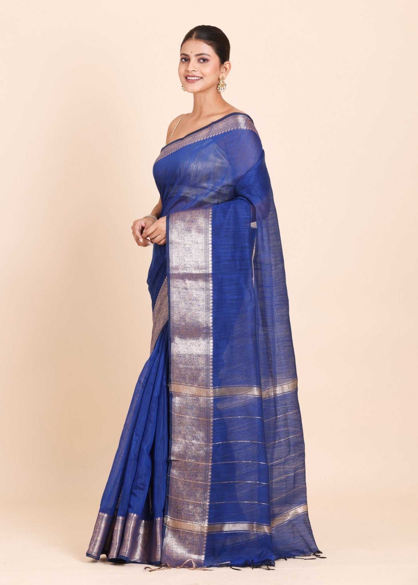 Blue Gicha Silk Saree with Mat Gold Border - Anvi Couture