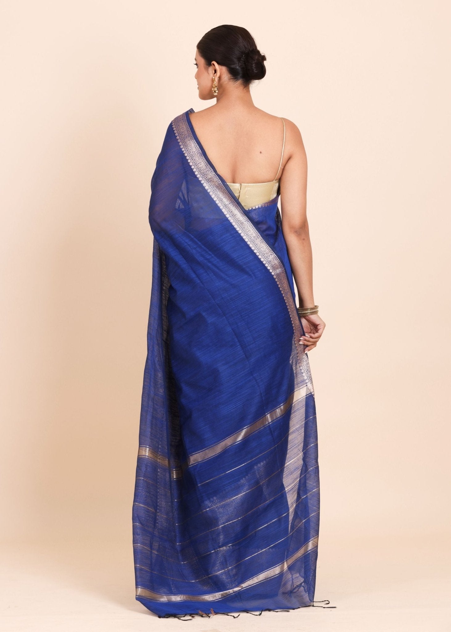 Blue Gicha Silk Saree with Mat Gold Border - Anvi Couture