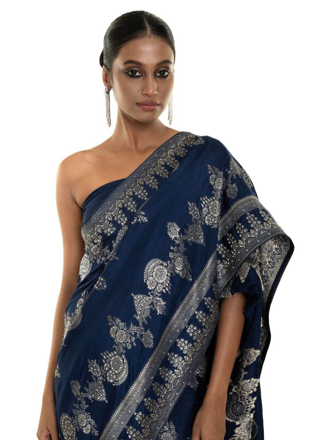 Blue Handwoven Floral Printed Art Silk Saree Adorned with Stone Embroidery Work