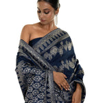 Blue Handwoven Floral Printed Silk Saree Adorned with Stone Embroidery Work