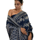 Blue Handwoven Floral Printed Silk Saree Adorned with Stone Embroidery Work