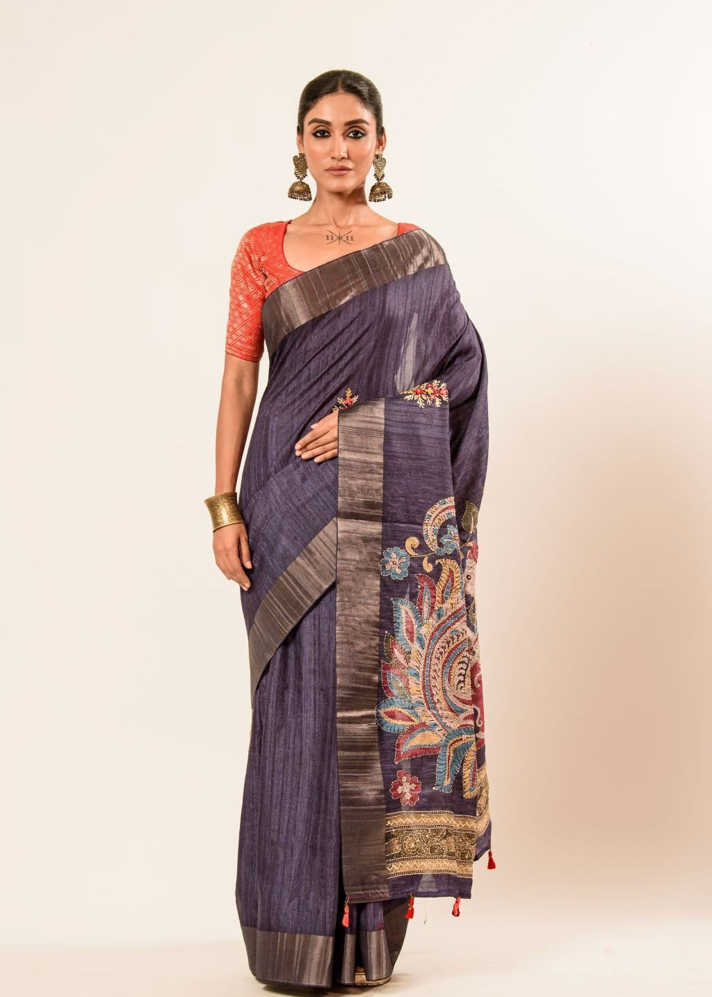 Blue Katha Stitch Hand Embroidery Gicha Silk Saree