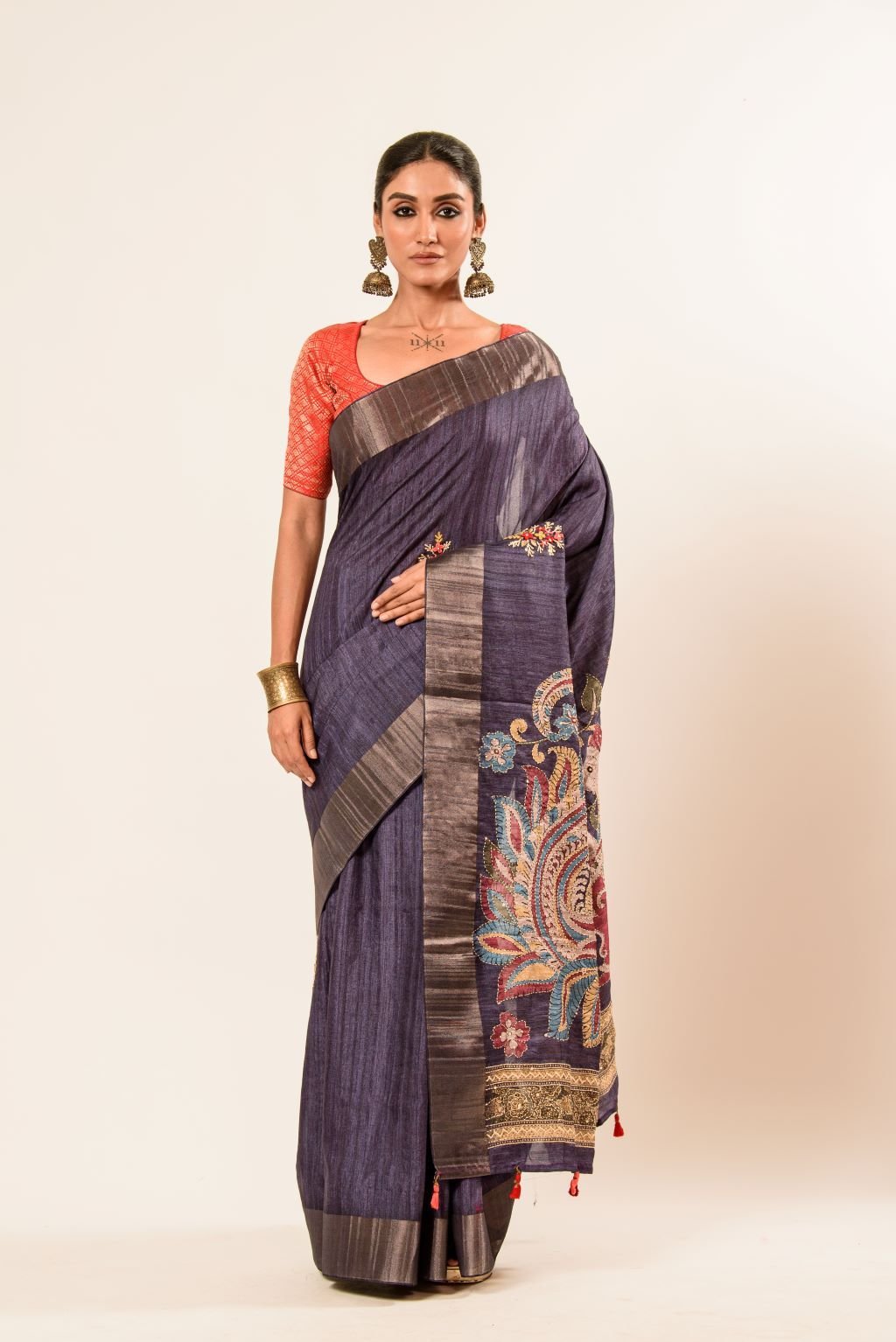 Blue Katha Stitch Hand Embroidery Gicha Silk Saree