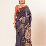 Blue Katha Stitch Hand Embroidery Gicha Silk Saree