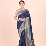 Blue Khaddi Georgette Banarasi Saree With Silver Border Front View