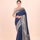 Blue Khaddi Georgette Banarasi Saree With Silver Border Front View