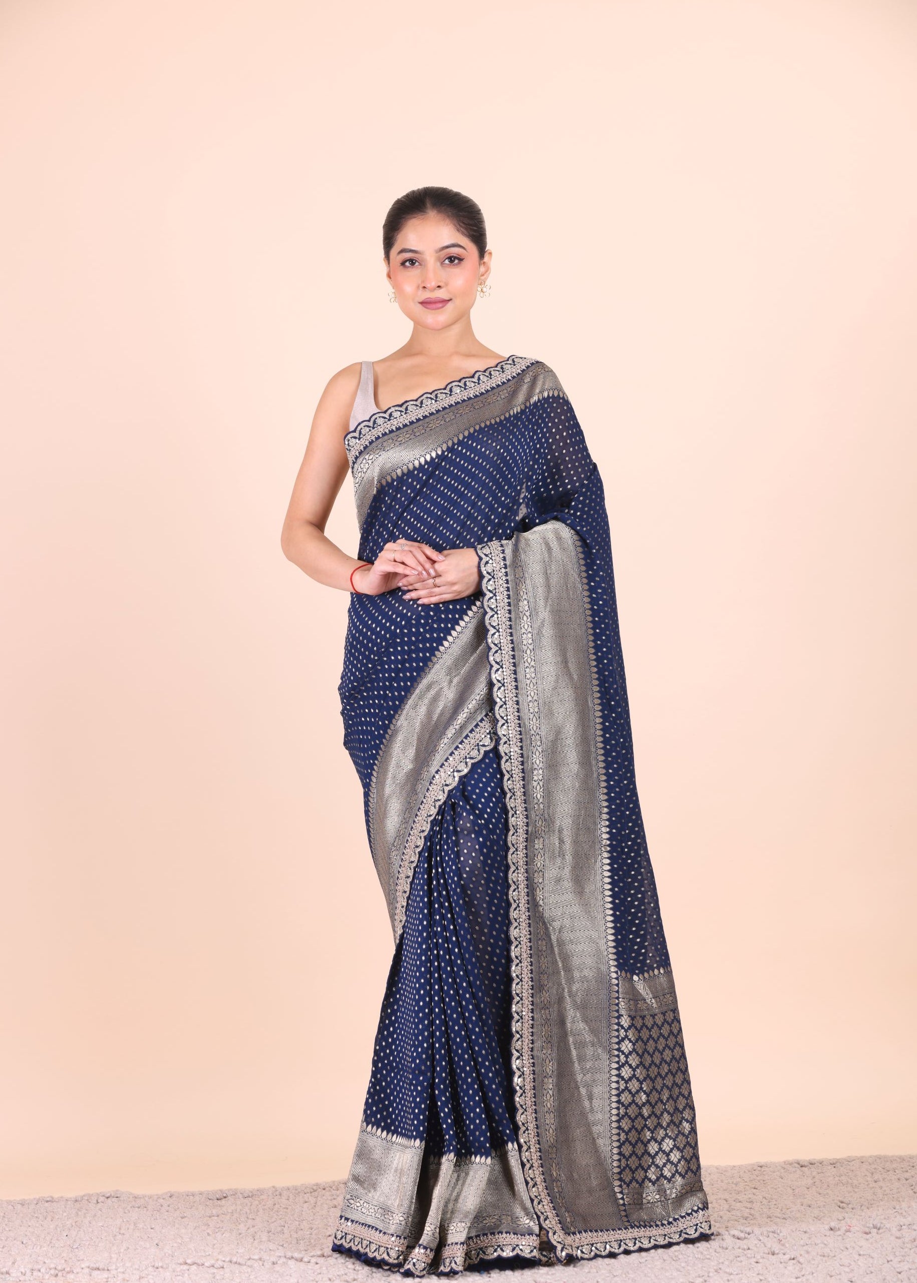 Blue Khaddi Georgette Banarasi Saree With Silver Border Front View