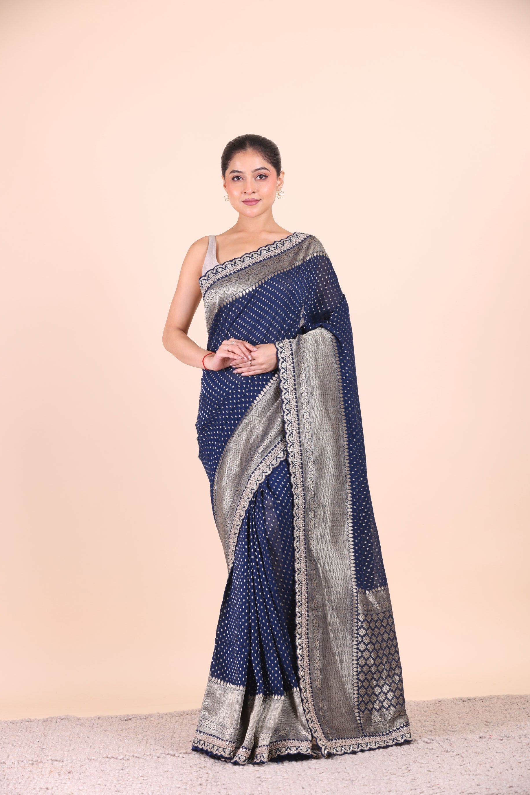 Blue Khaddi Georgette Banarasi Saree With Silver Border Front View