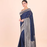 Blue Khaddi Georgette Banarasi Saree With Silver Border Side View
