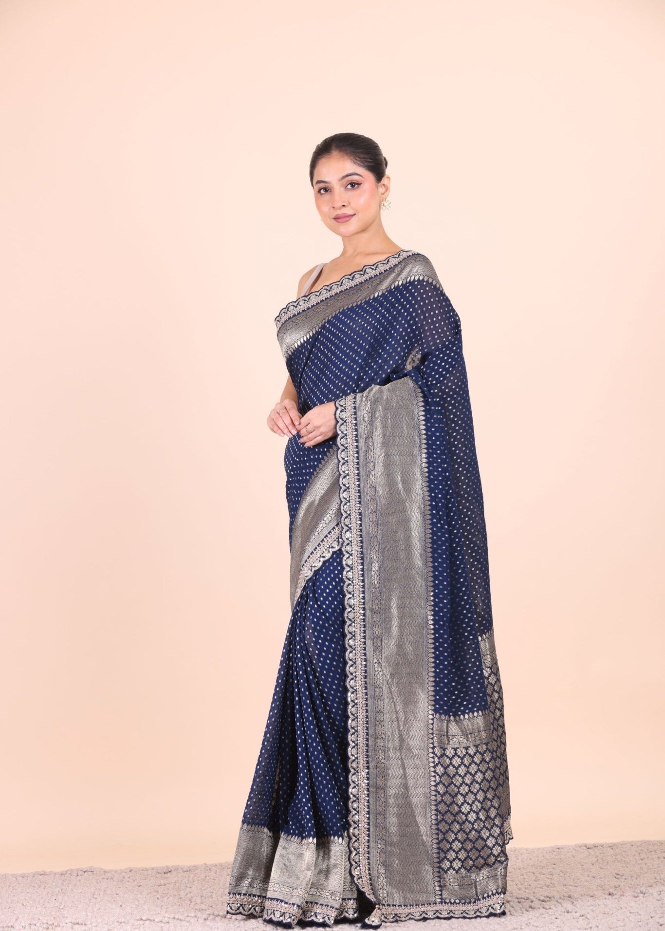 Blue Khaddi Georgette Banarasi Saree With Silver Border - Anvi Couture