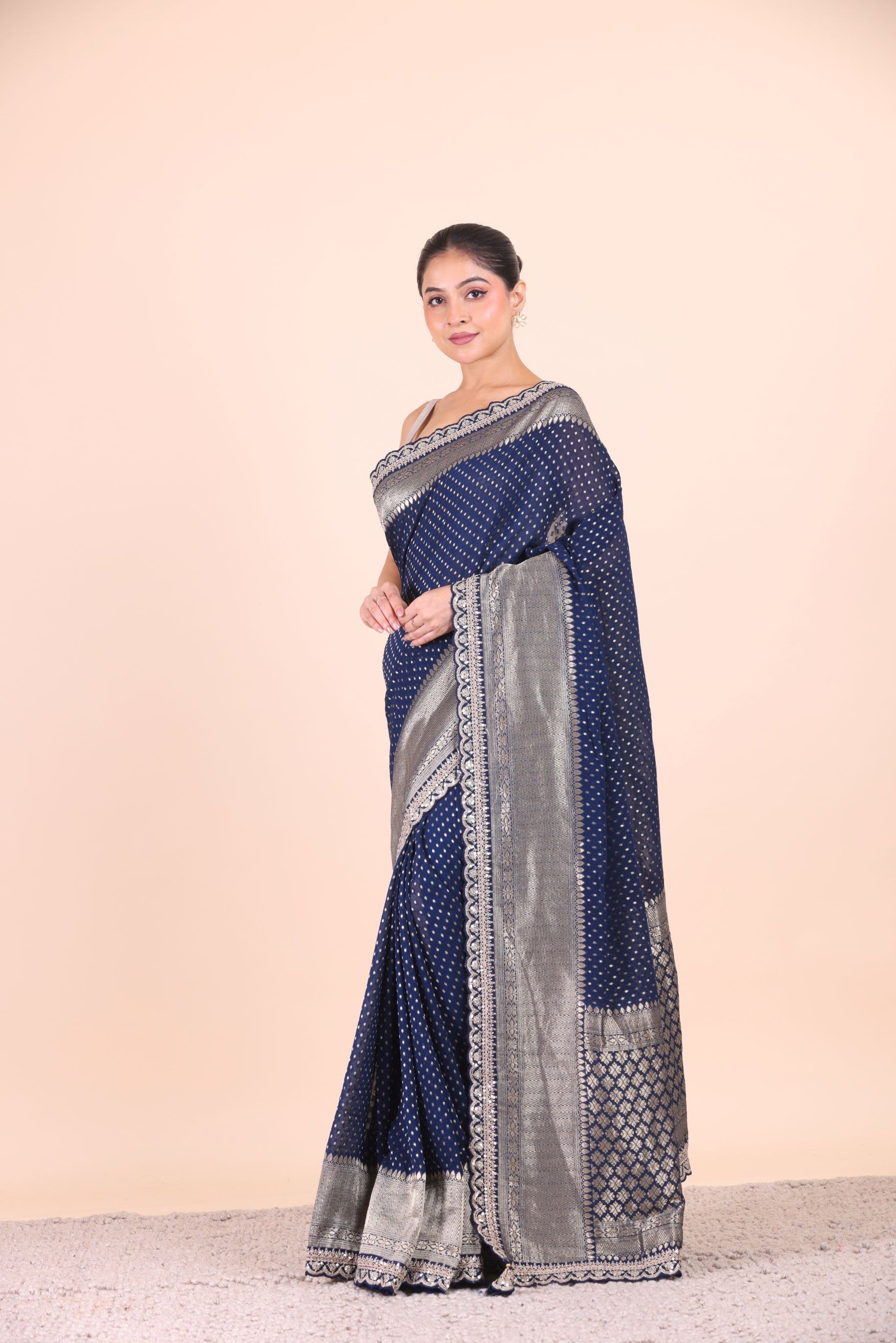 Blue Khaddi Georgette Banarasi Saree With Silver Border Side View