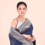 Blue Khaddi Georgette Banarasi Saree With Silver Border Close Up