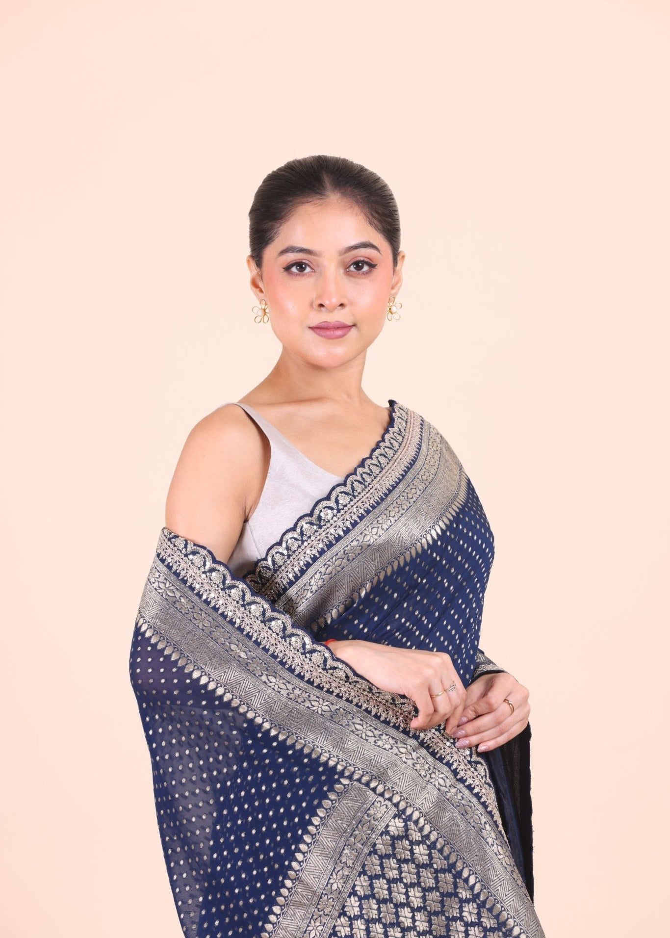 Blue Khaddi Georgette Banarasi Saree With Silver Border - Anvi Couture