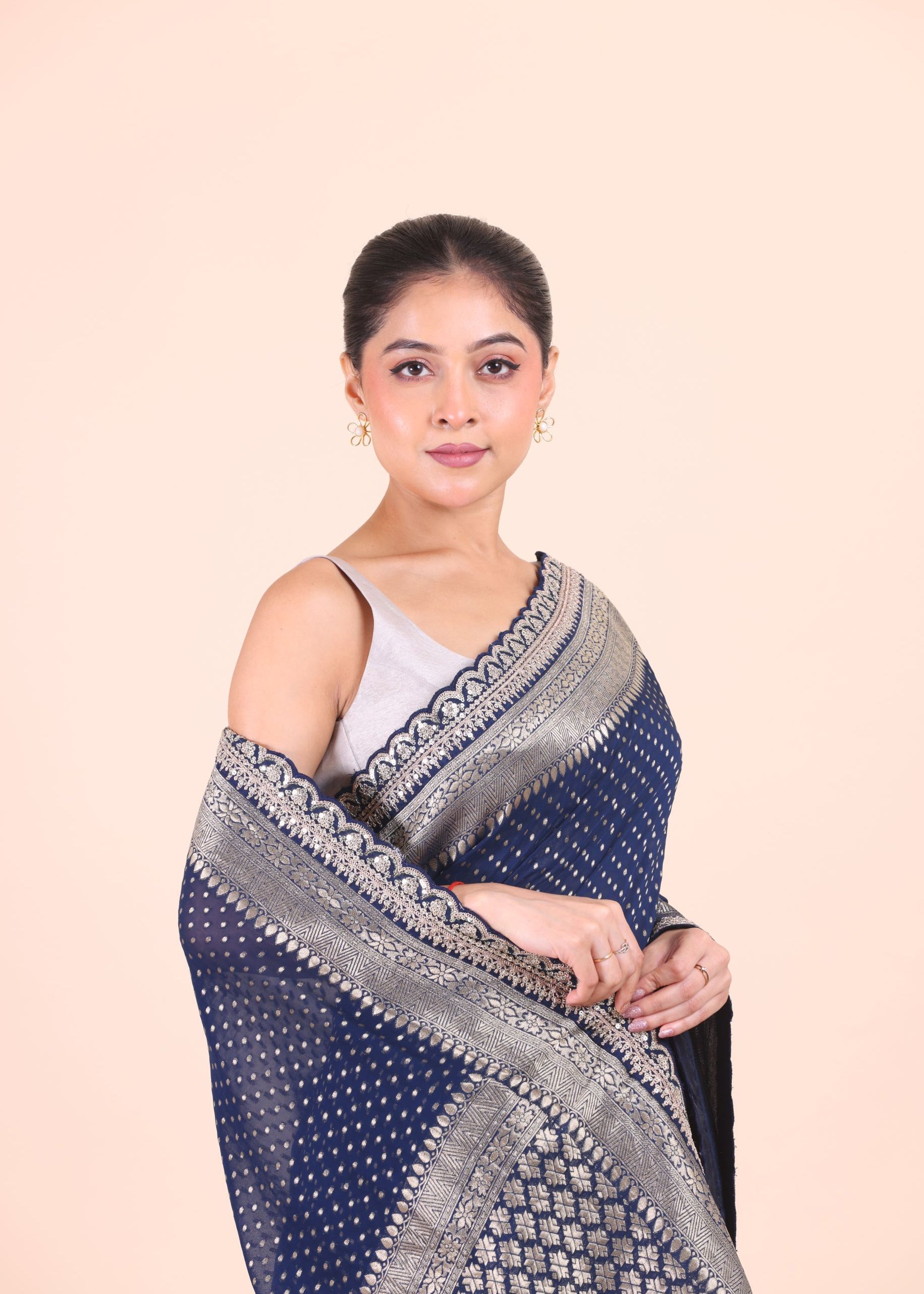 Blue Khaddi Georgette Banarasi Saree With Silver Border Close Up