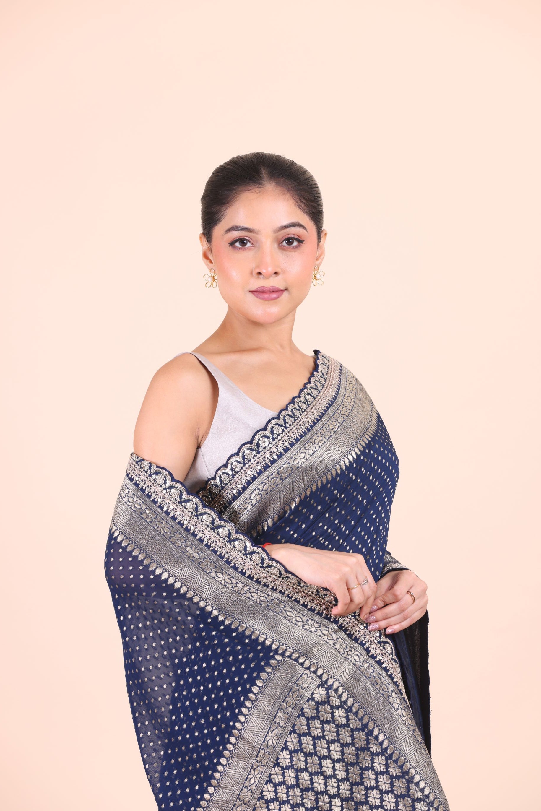 Blue Khaddi Georgette Banarasi Saree With Silver Border Close Up