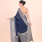 Blue Khaddi Georgette Banarasi Saree With Silver Border Back View