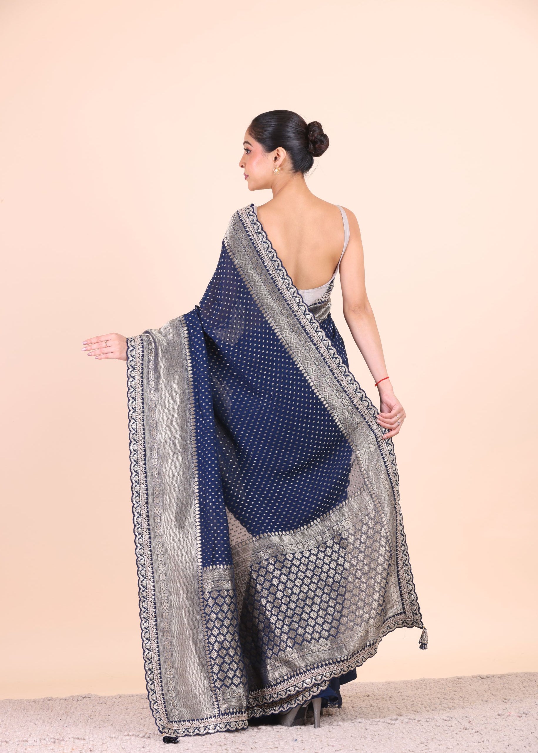 Blue Khaddi Georgette Banarasi Saree With Silver Border Back View