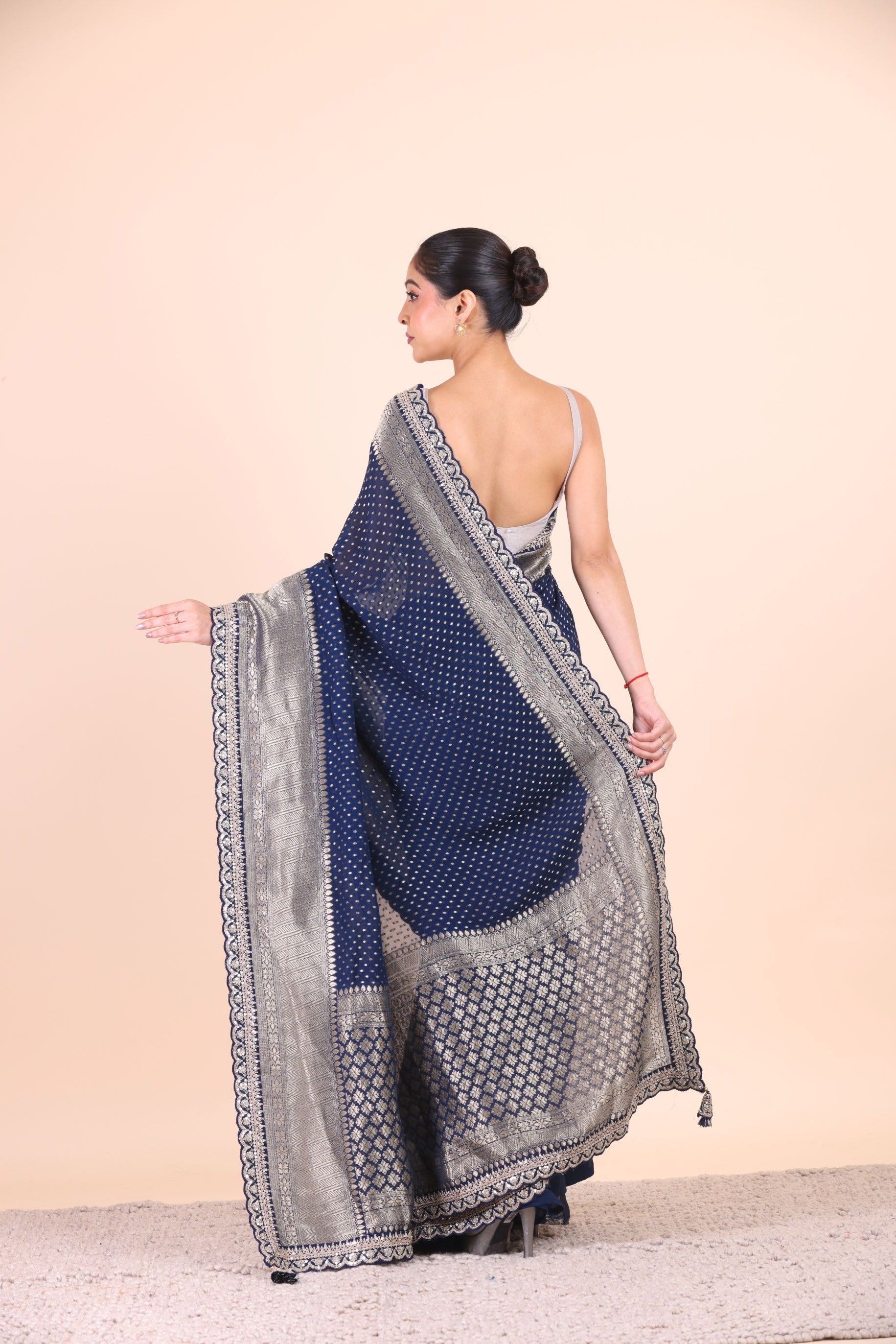 Blue Khaddi Georgette Banarasi Saree With Silver Border Back View