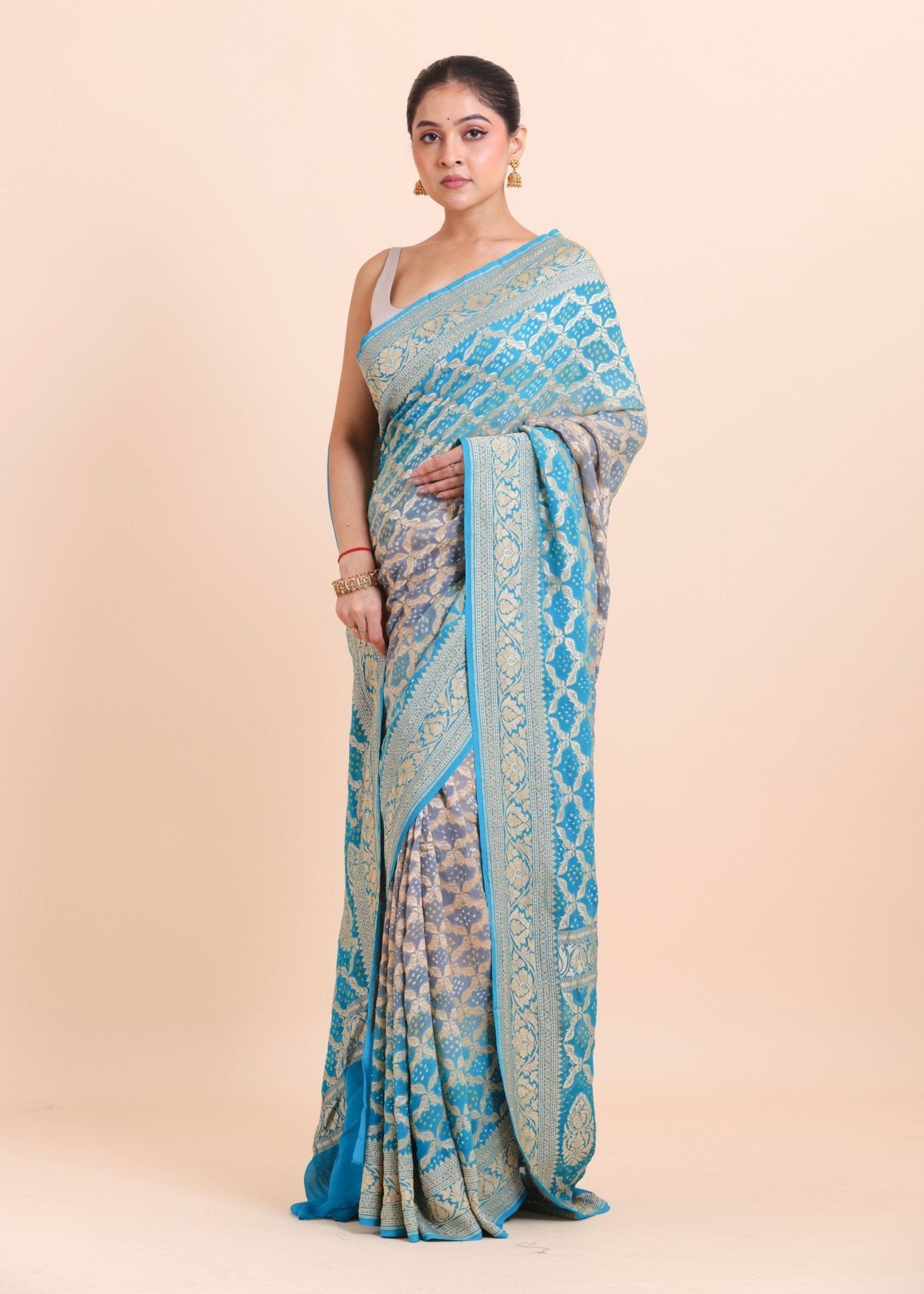 Blue Khaddi Georgette Bandhani Saree - Anvi Couture