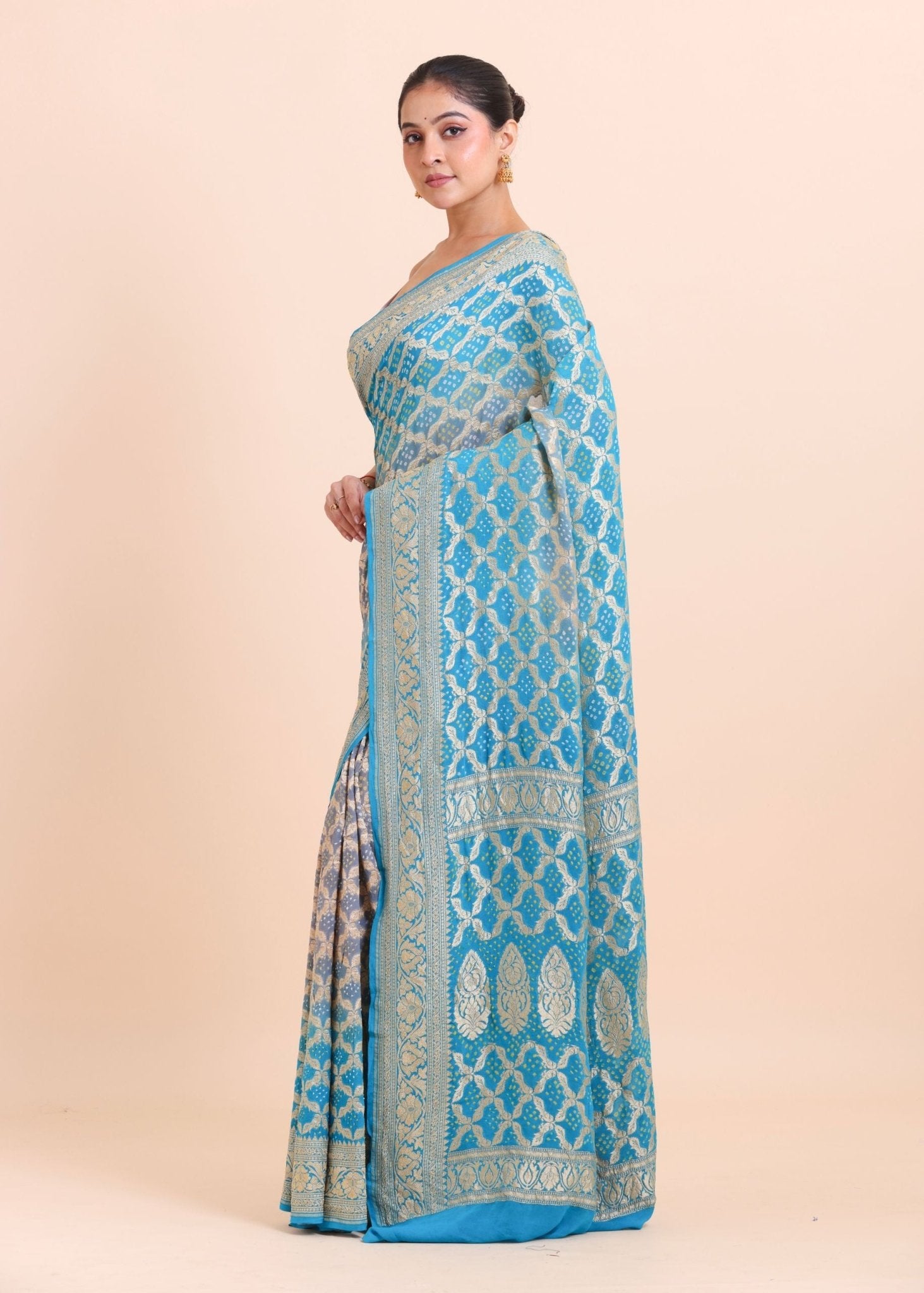 Blue Khaddi Georgette Bandhani Saree - Anvi Couture