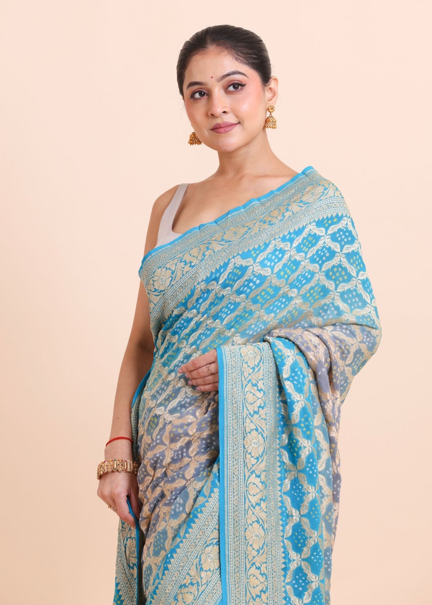 Blue Khaddi Georgette Bandhani Saree - Anvi Couture