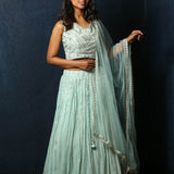 Light Blue Lehenga Choli Set with Mirror and Embroidery Work