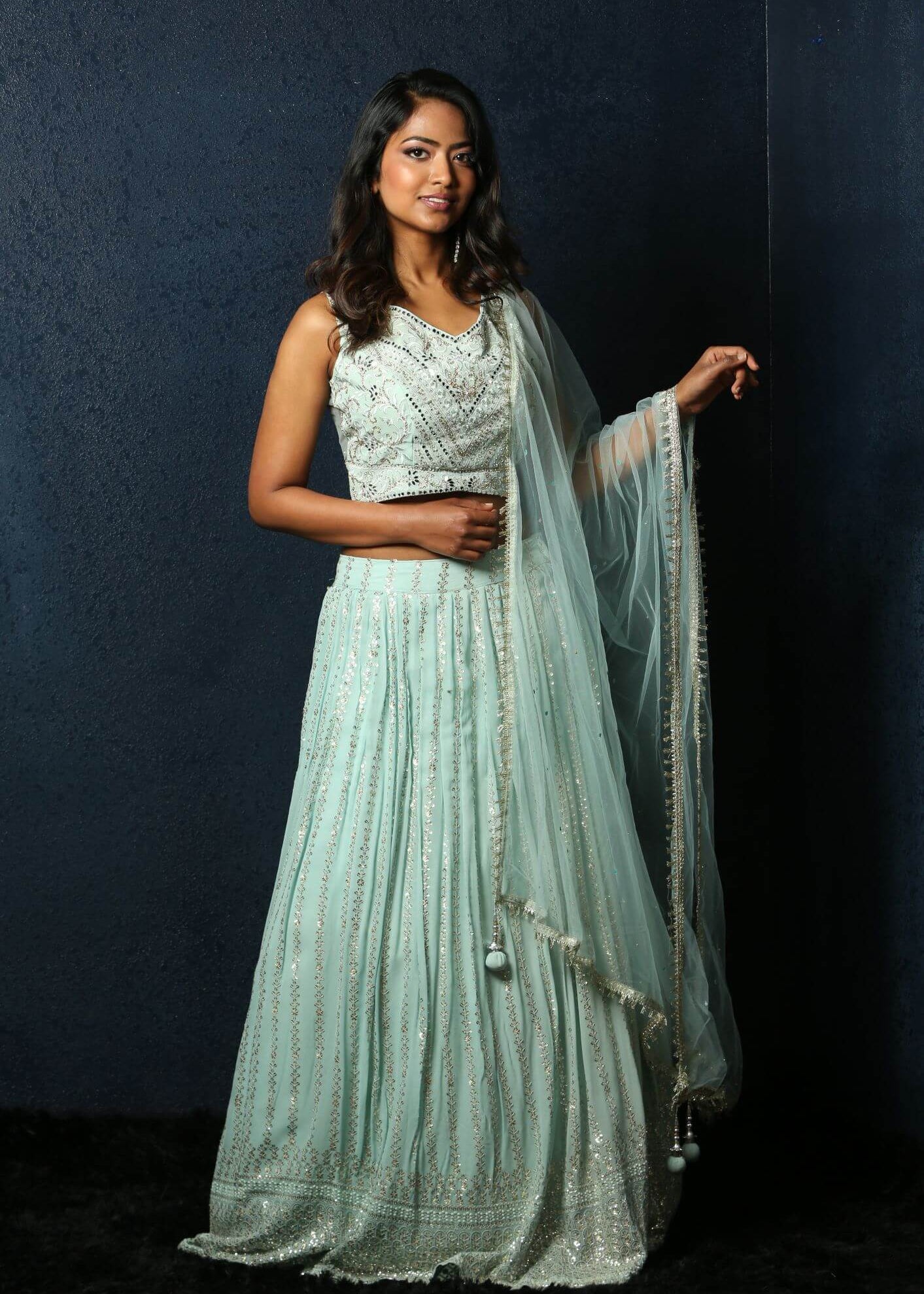 Light Blue Lehenga Choli Set with Mirror and Embroidery Work