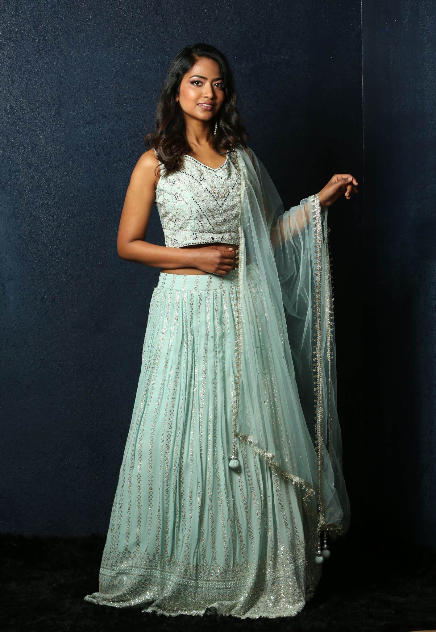 Light Blue Lehenga Choli Set with Mirror and Embroidery Work