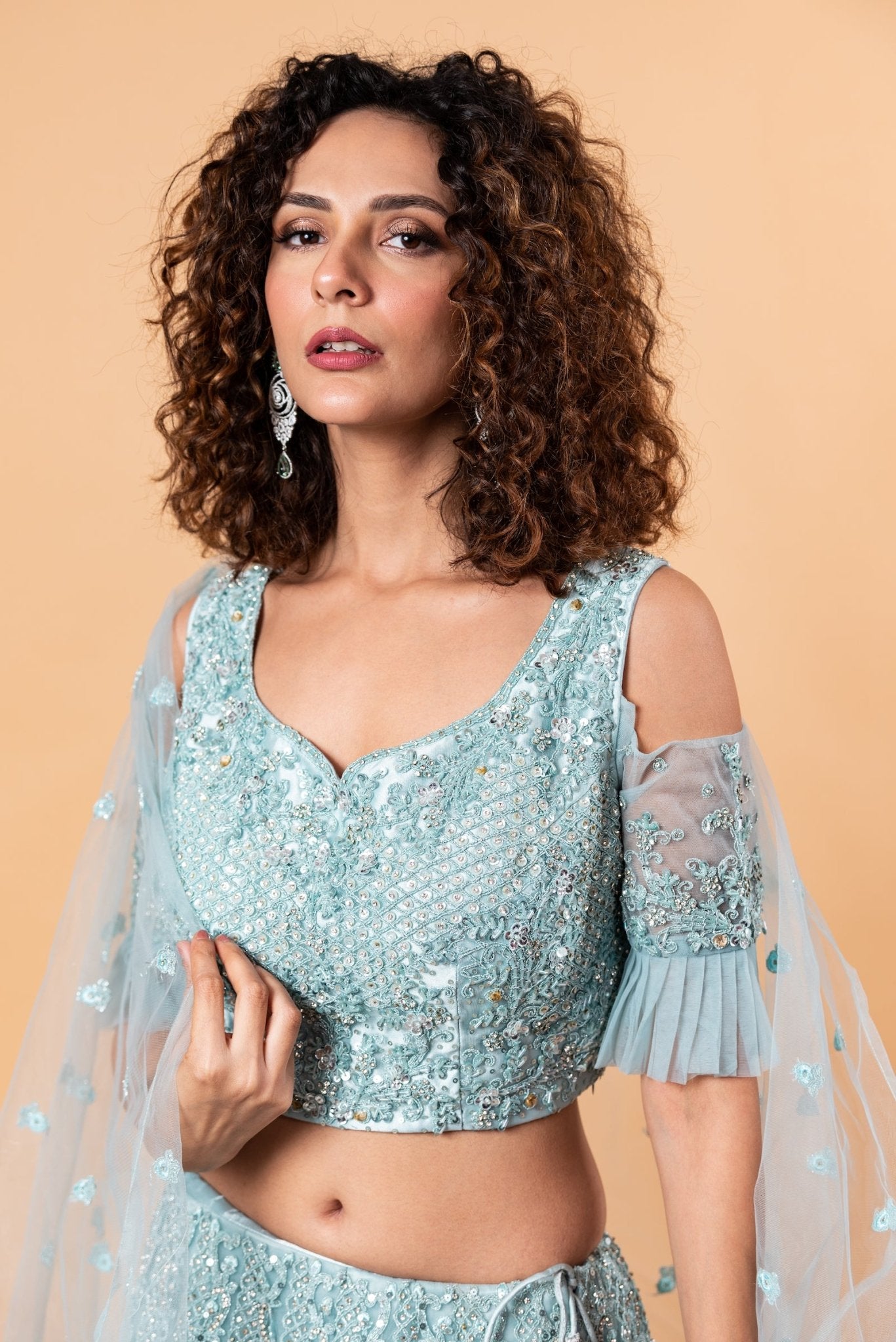 Blue Lehenga Choli with embroidery work and sparkling stonework - Anvi Couture
