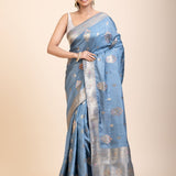 Blue Mushru Silk Banarasi Saree - Anvi Couture