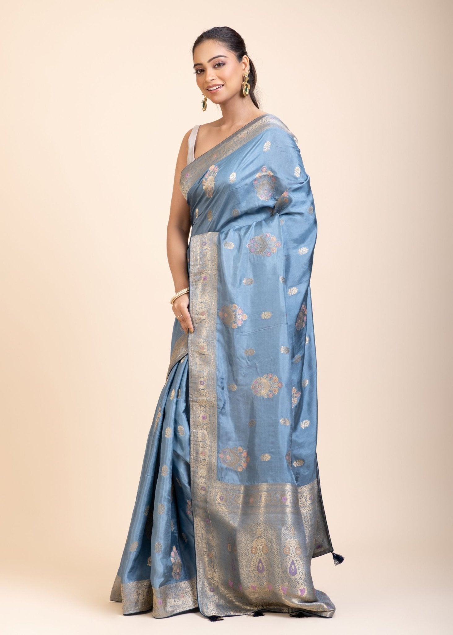 Blue Mushru Silk Banarasi Saree - Anvi Couture