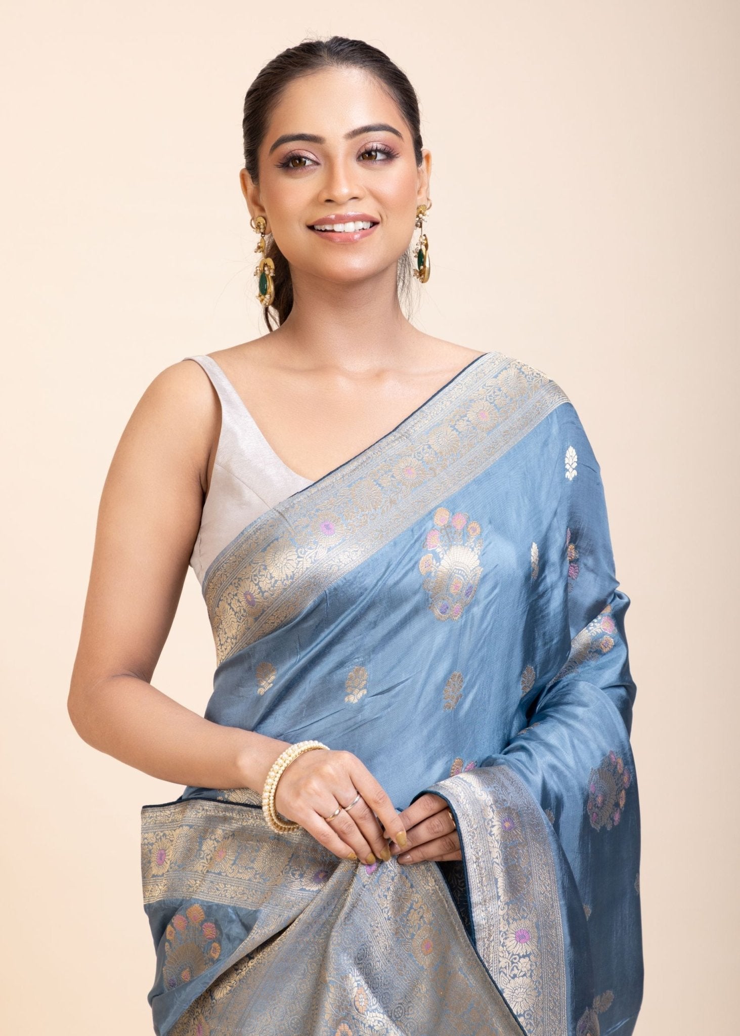 Blue Mushru Silk Banarasi Saree - Anvi Couture