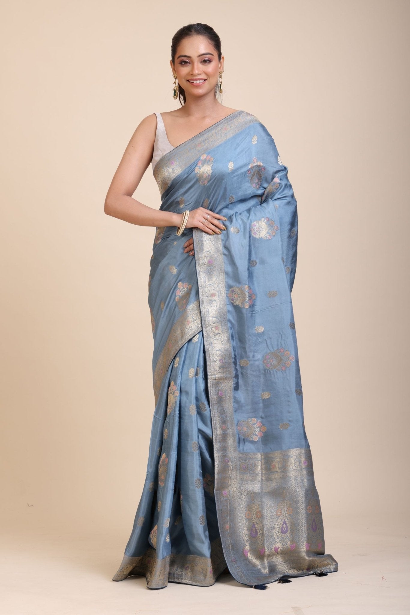 Blue Mushru Silk Banarasi Saree - Anvi Couture