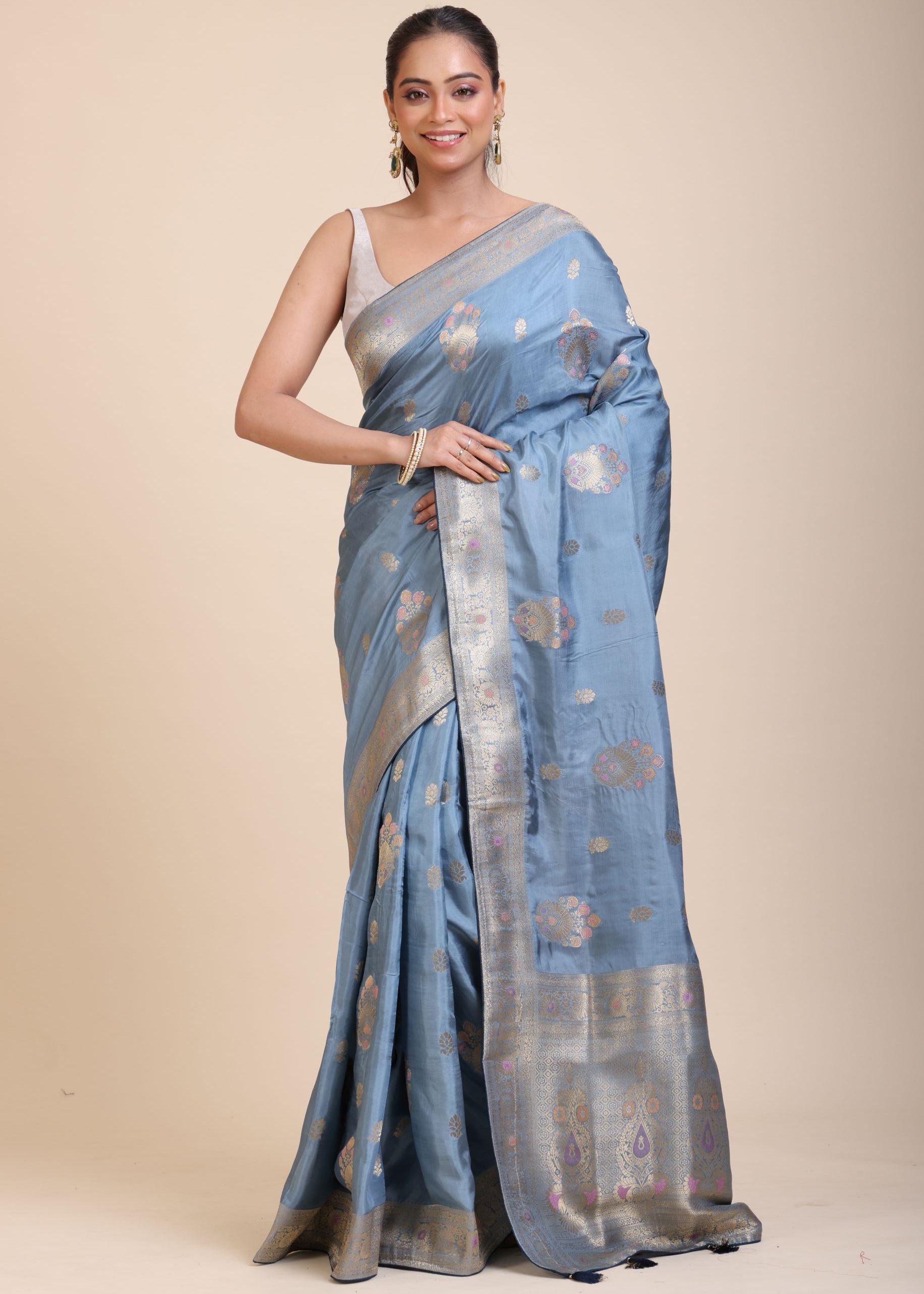 Blue Mushru Silk Banarasi Saree full