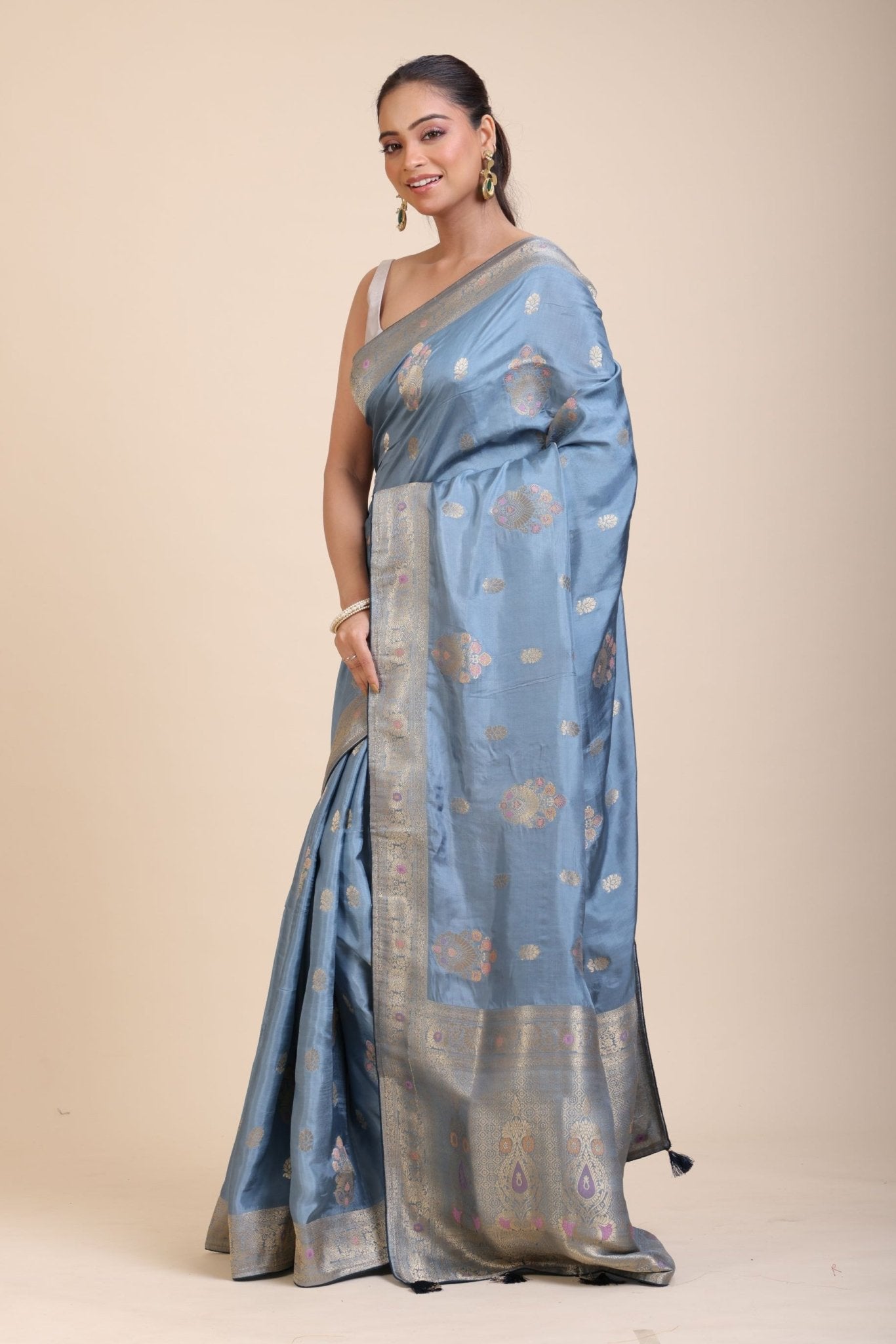 Blue Mushru Silk Banarasi Saree - Anvi Couture