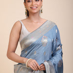Blue Mushru Silk Banarasi Saree close up